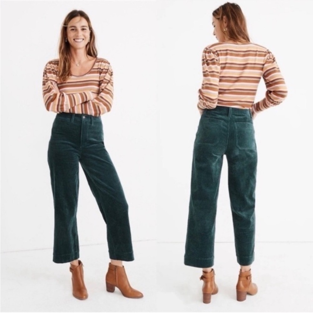 Madewell slim emmet wide leg crop forest green wide leg corduroy pants size 24